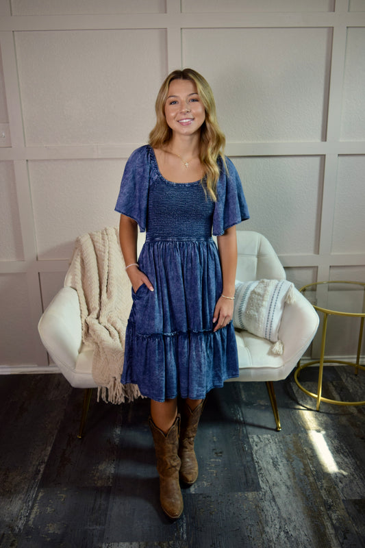 Denim Smocked Babydoll Dress