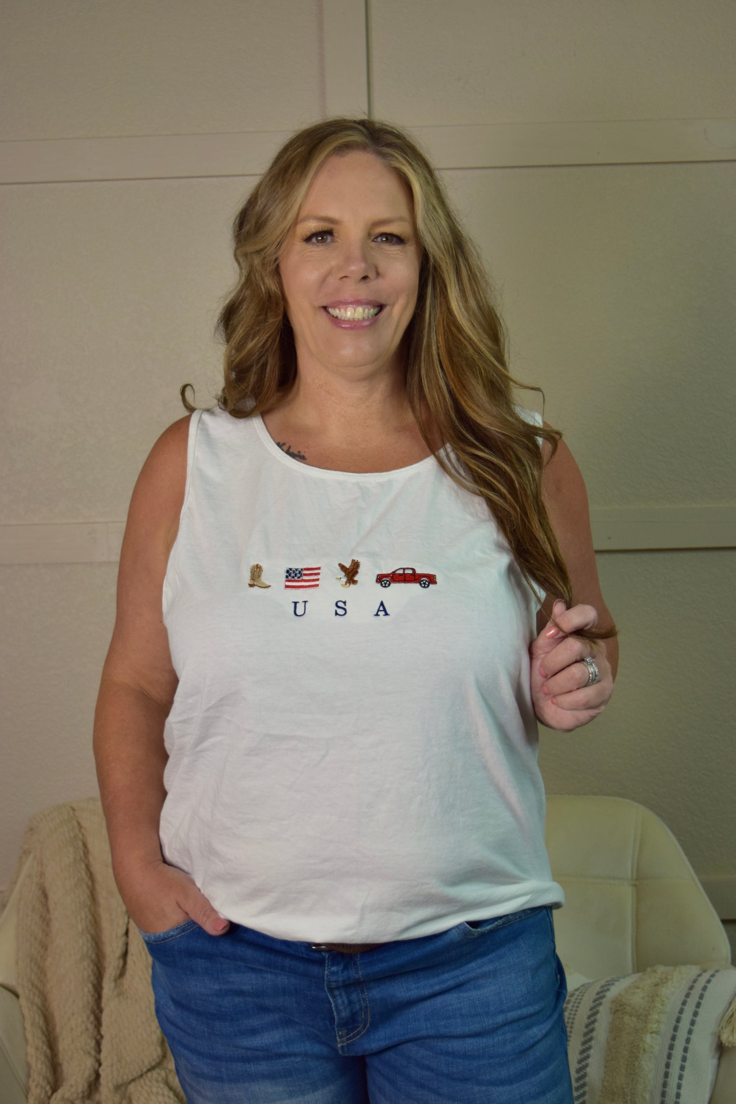 Embroidered USA Tank Top: White