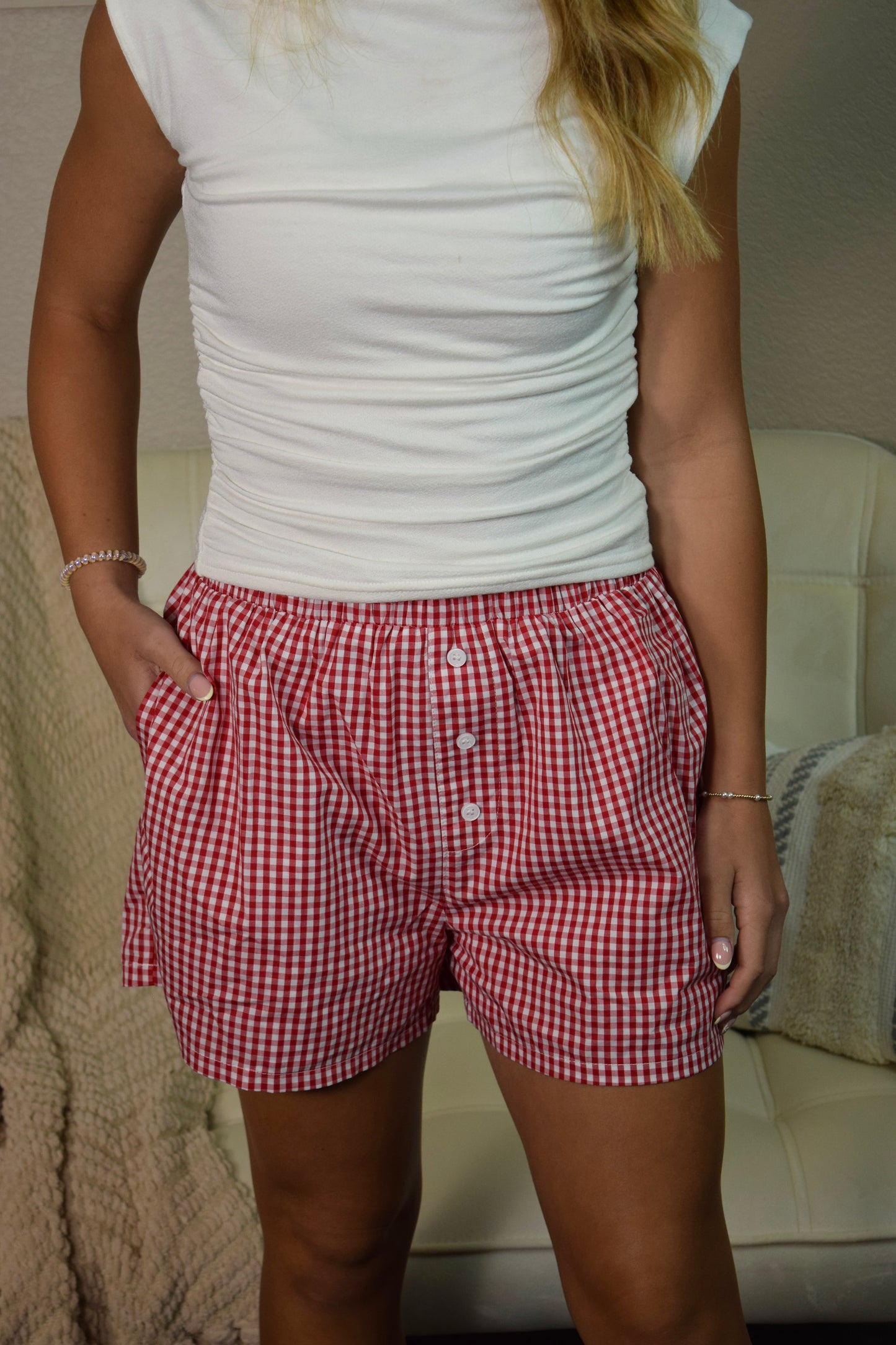 Picnic Gingham Shorts: Red/White