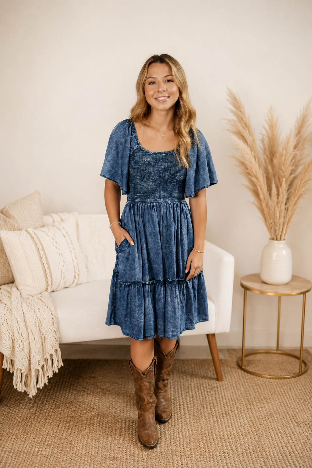 Denim Smocked Babydoll Dress