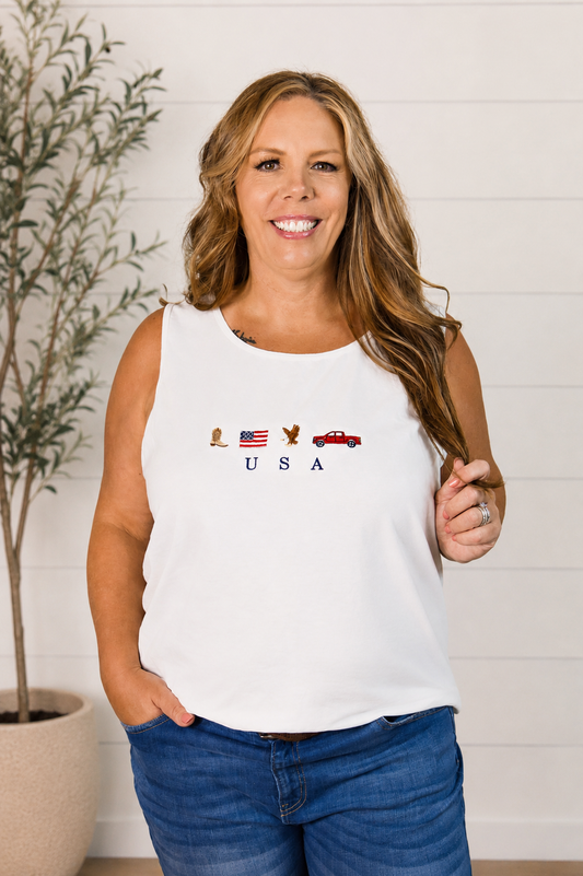 Embroidered USA Tank Top: White
