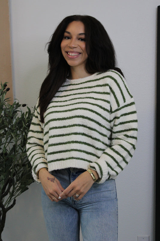 Fall Ready Striped Sweater: Ivory/Olive