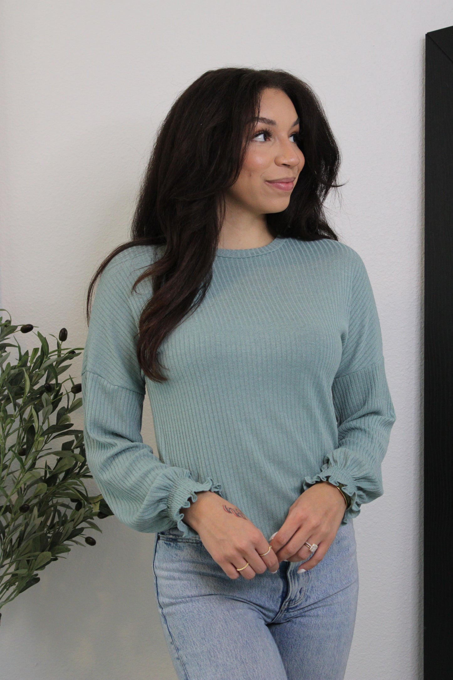 Rory Ribbed Crewneck Top: Lake Green