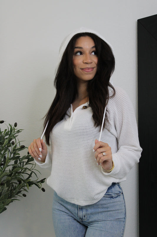 Rainy Days Hooded Button Top: White