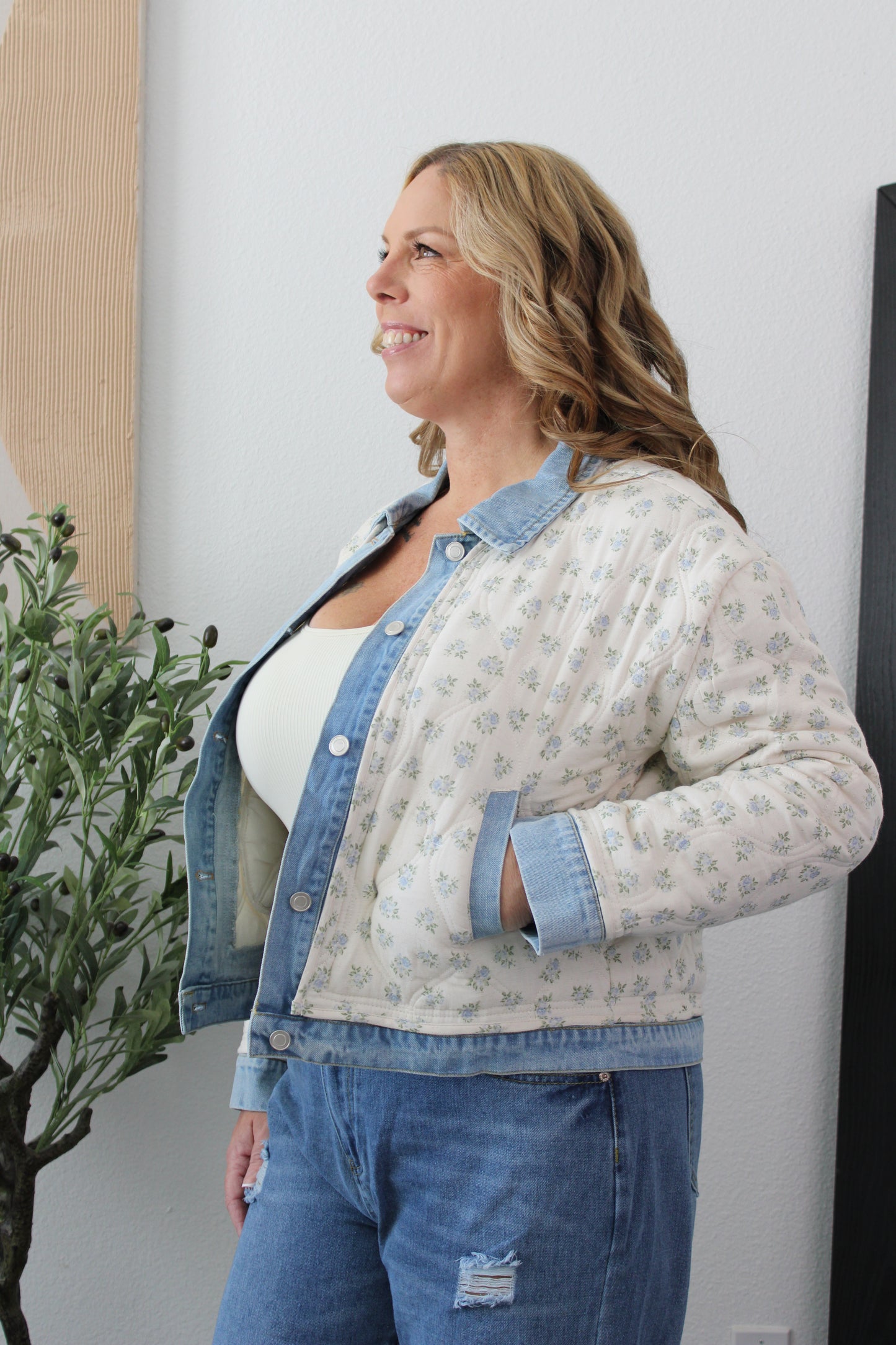 Jackie Floral Quilted Jacket: Ivory/Denim