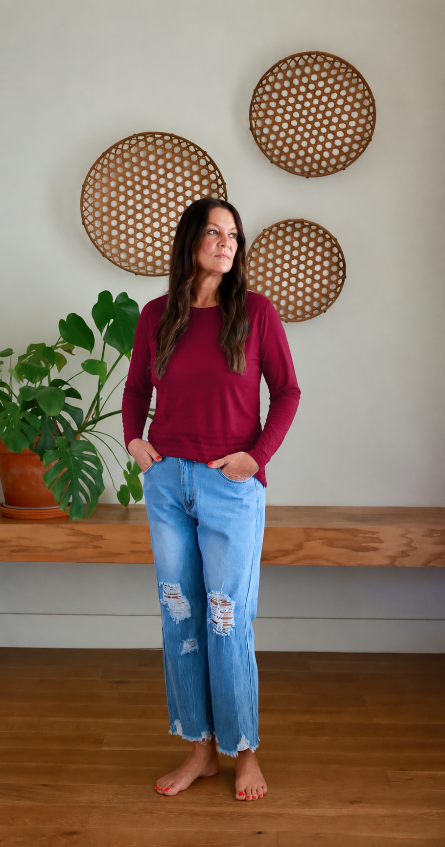 Riley Essential Long Sleeve Top: Cabernet