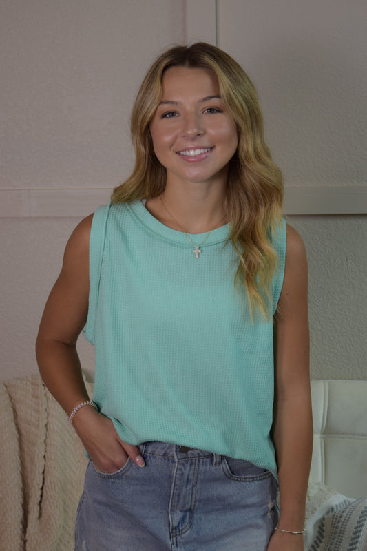 Daisy Waffle Tank Top: Mint