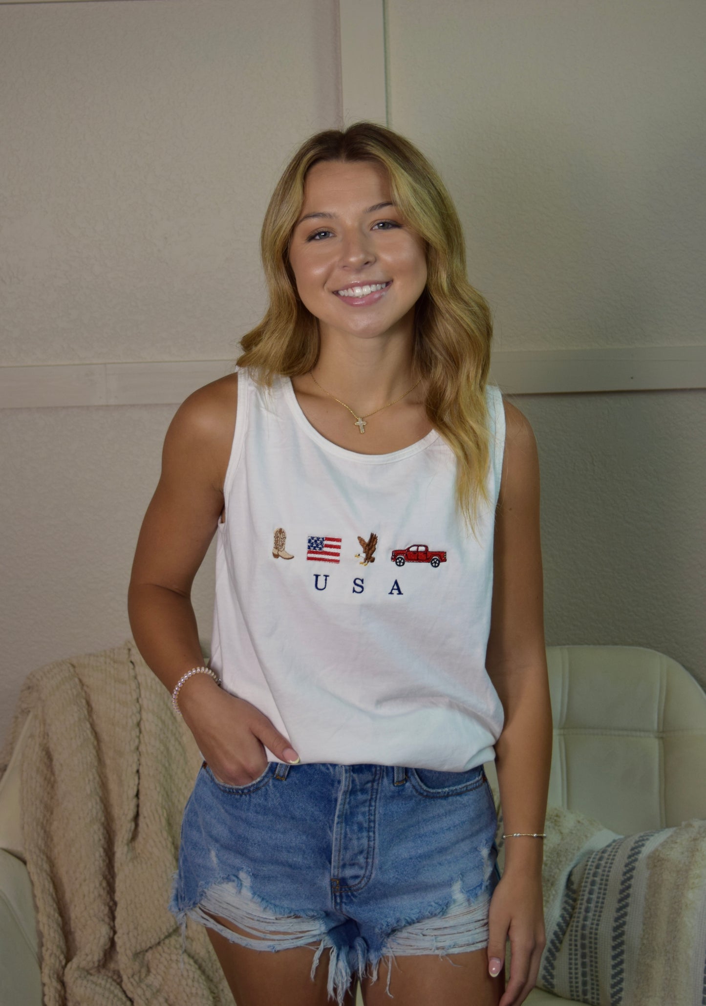Embroidered USA Tank Top: White