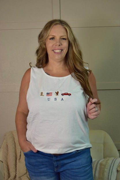 Embroidered USA Tank Top: White