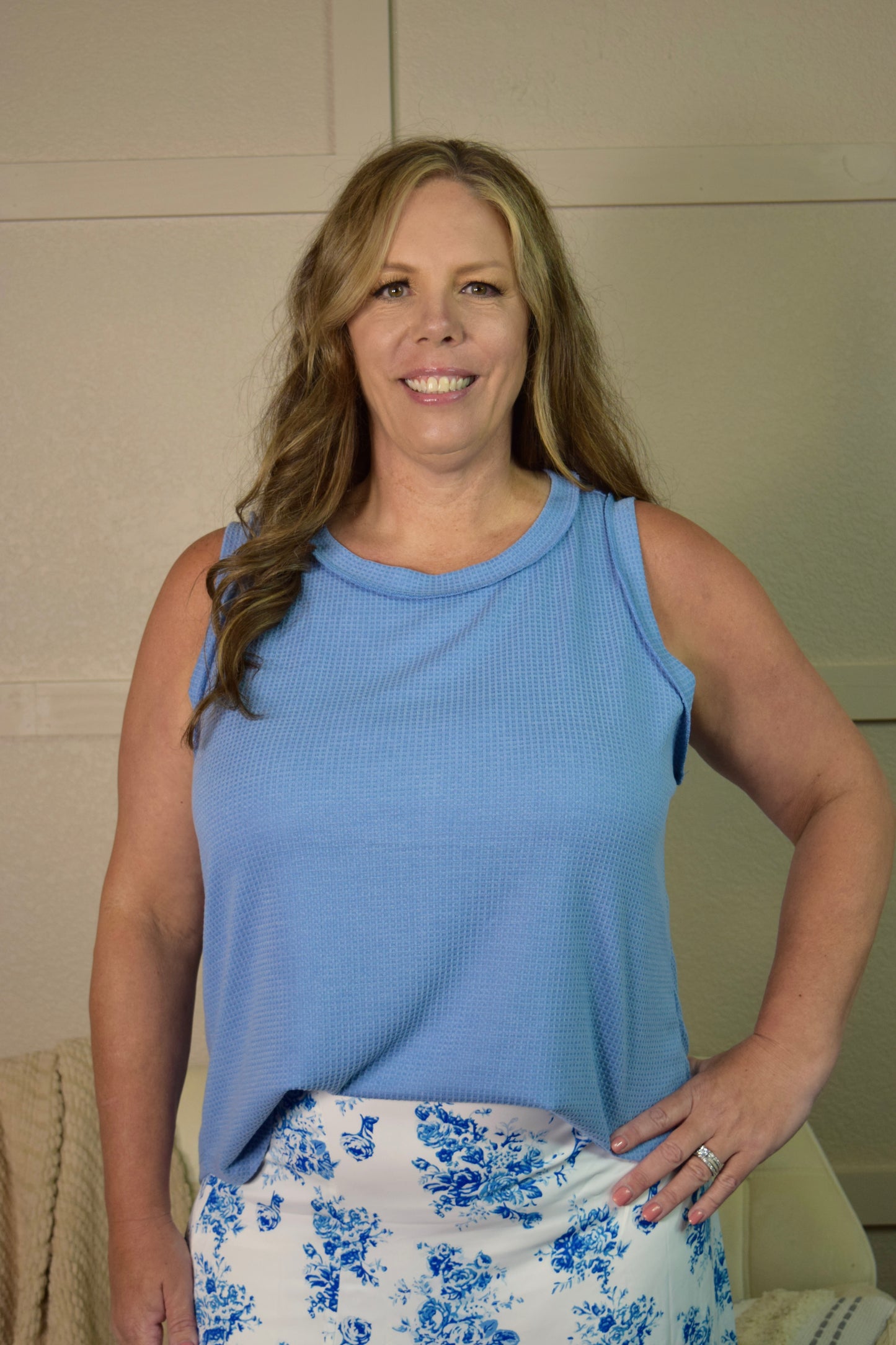 Daisy Waffle Tank Top: Blue