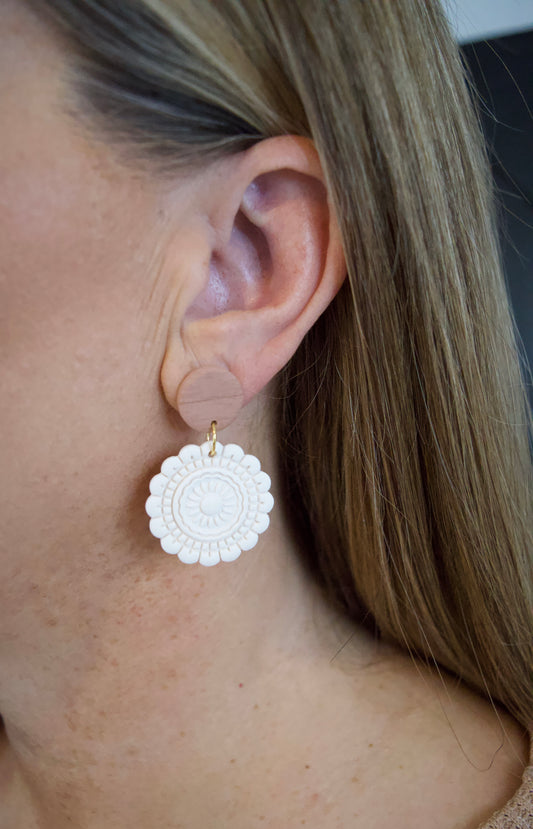Mandala Polymer Clay Earrings: White