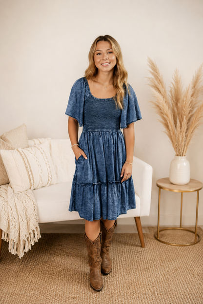 Denim Smocked Babydoll Dress