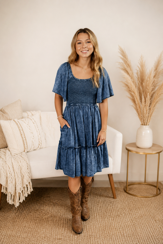 Denim Smocked Babydoll Dress