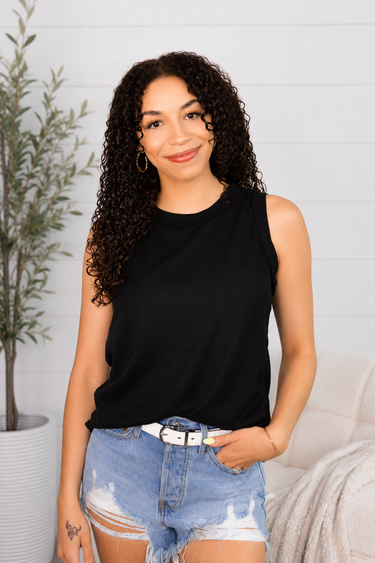 Daisy Waffle Tank Top: Black