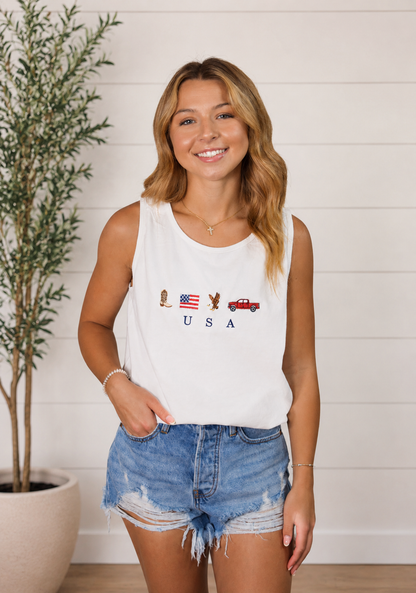 Embroidered USA Tank Top: White