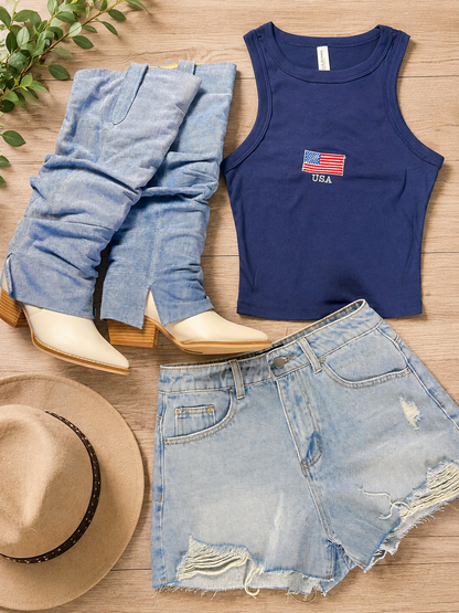 Embroidered USA Flag Tank Top: Navy