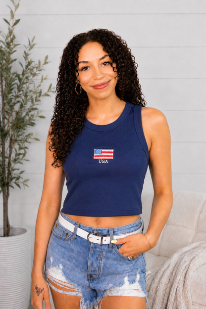 Embroidered USA Flag Tank Top: Navy
