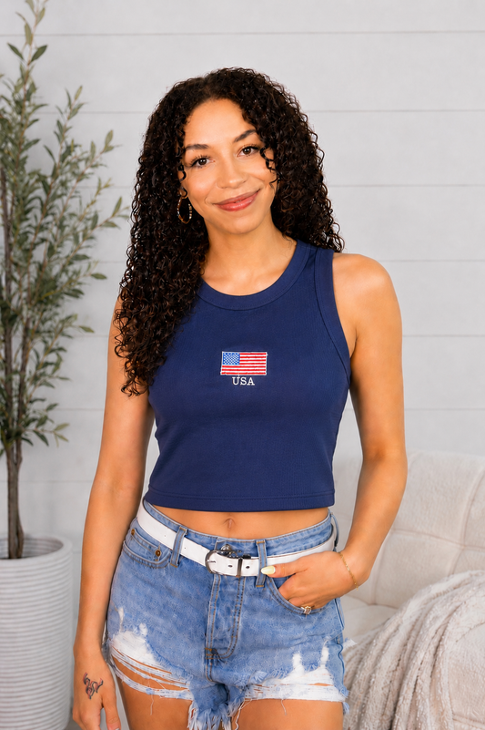 Embroidered USA Flag Tank Top: Navy