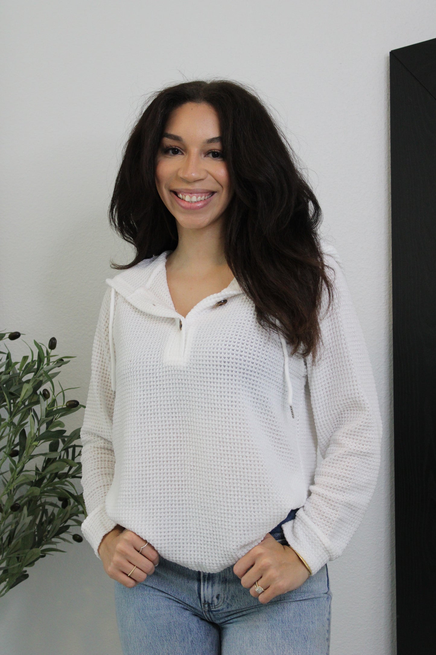 Rainy Days Hooded Button Top: White