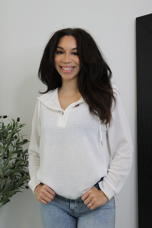 Rainy Days Hooded Button Top: White