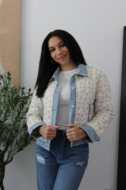 Jackie Floral Quilted Jacket: Ivory/Denim