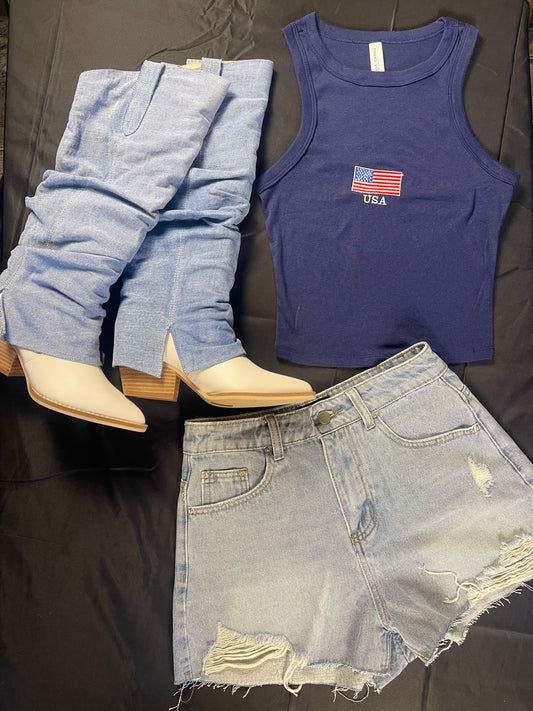 Embroidered USA Flag Tank Top: Navy